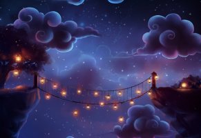 мост,фонари,облака,дерево,арт,ночь,trenchmaker