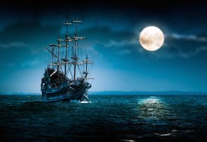 луна,корабль,море
