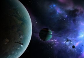 regulus36,туманность,планеты,корабль,космос,кольца