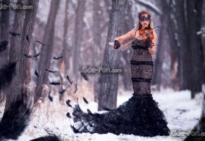 фигура,маска,деревья,платье,снег,скрипка,Зима,лес,девушка,перья,скрипачка