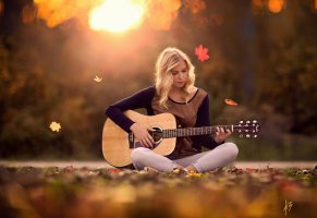 гитара,настроение,блондинка,осень,лицо,девушка