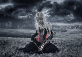 девушка,дождь,скрипка,блондинка,Музыка