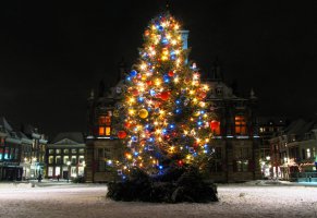 елка,рождественская елка,ночь,огни,дома,новогодние украшения,улицы,площади,рождество,снег,Зима,новый год,праздники,здания,украшения