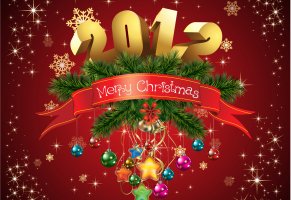 2012,звёзды,merry christmas,колокольчик,счастливого рождества,число,дата,год,хвоя ёлки,снежинки,лента,игрушки,шары