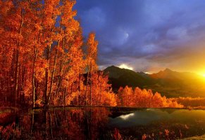 природа,солнце,горы,озеро,золотые кроны,отражение,восход,деревья,осень