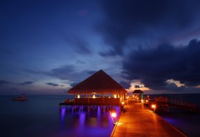 night lights,sea,bungalow,sunset,ocean,beach,tropical,maldives
