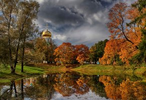 пушкин,осень,пруд,санкт-петербург,парк,храм,деревья,феодоровский собор