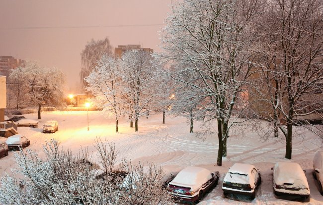 машины,деревья,снег,Зима,город,сугробы