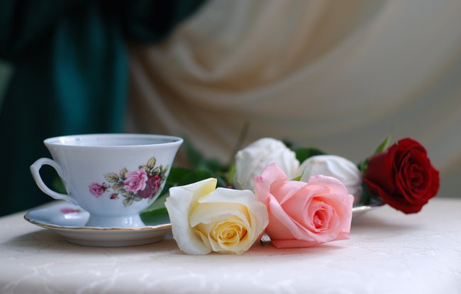 цветы,розы,стол,праздник,натюрморт,чашка,чай