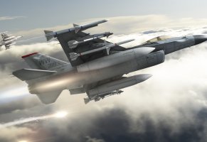 f-16,ракеты,самолёты,истребители,полет,арт,облака