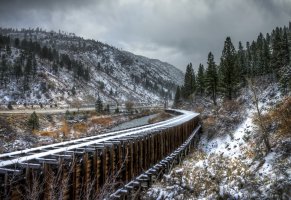 железная дорога,пейзаж,горы,снег