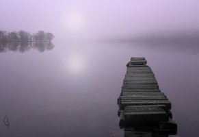 утро,озеро,туман,мост,пейзаж