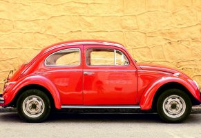 стена,машина,красная,beetle,volkswagen