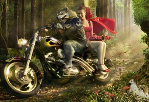 мотоцикл,волк,красная шапочка