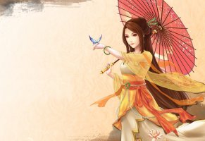 бабочка,арт,кимоно,девушка,японский,зонт,аниме