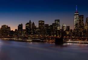 usa,здания,небоскрёбы,brooklyn bridge,new york city,мост,сша,manhattan,вечер,город,ночь,огни,new york,nyc,река