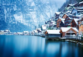 hallstatt,Зима,горы,дома,пейзаж,озеро,австрия,снег