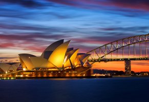 австралия,опера хаус,освещение,закат,залив,море,мост,огни,вечер,сидней,оранжевый