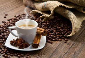 кофе,чашка,зерна,корица,cinnamon,coffee,анис,anise,пряности