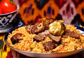 мясо,блюдо,еда,узбекское блюдо,плов,рис,помидор