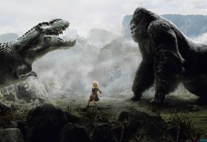 динозавр,кинг-конг,девушка,горы,туман