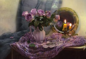 отражение,цветы,валентина колова,кувшин,ткань,розы,чашка,зеркало,still life,свеча