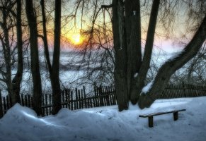 Зима,забор,деревья,лавочка,пейзаж