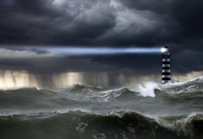 ливень,стихия,маяк,небо,волны,дождь,океан,свет,шторм,тучи,луч