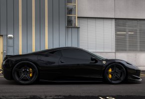 458 italia,black,диски,тонированный,италия,здание,черный,wheels,феррари,ferrari,профиль,окна