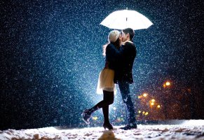 снег,под зонтом,влюбленные,девушка,ночь,Парень